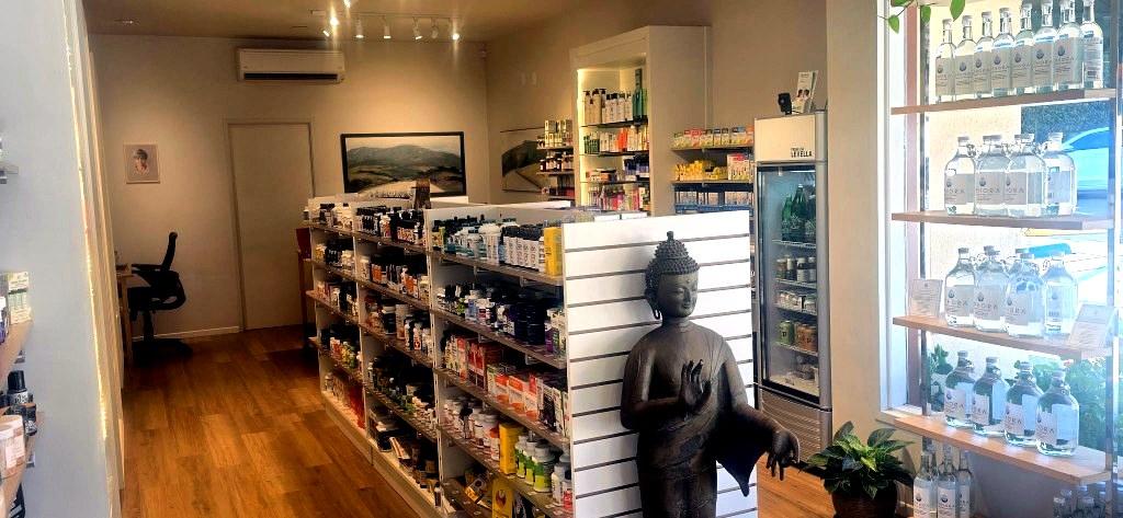 Inside Montecito Natural Health — aisles of supplements and wellness products in Upper Montecito Village